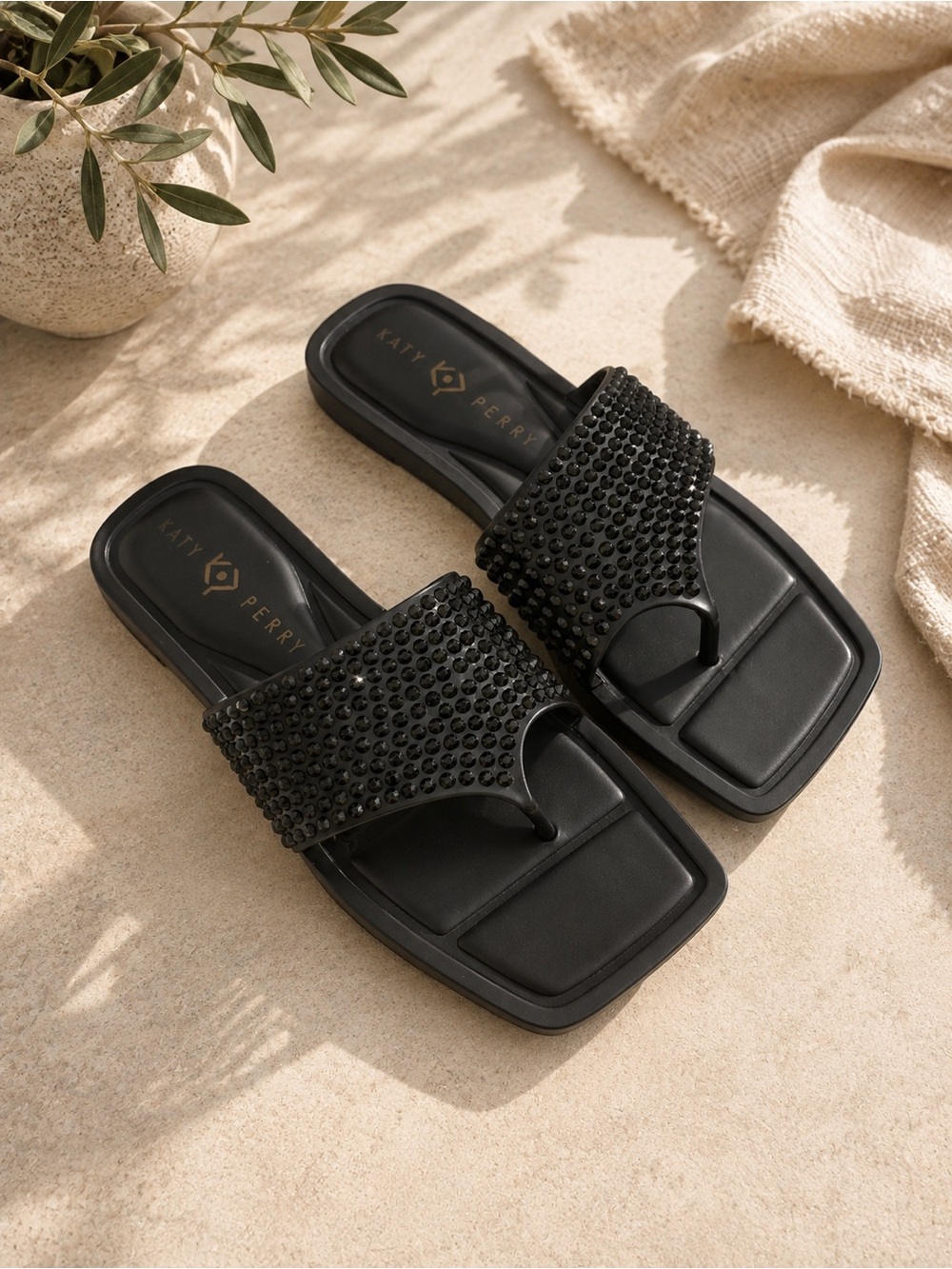 Katy Perry Collections Black Jeweled Toe-Loop Slide Sandals